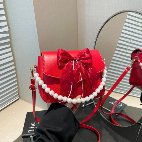 Women's Elegant PU Leather Crossbody Bag With Large Mesh Bow Decor Artificial Pearl Chain Handle Small Square Underarm Shoulder Bag