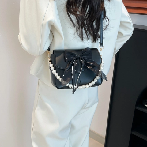 Women's Elegant PU Leather Crossbody Bag With Large Mesh Bow Decor Artificial Pearl Chain Handle Small Square Underarm Shoulder Bag