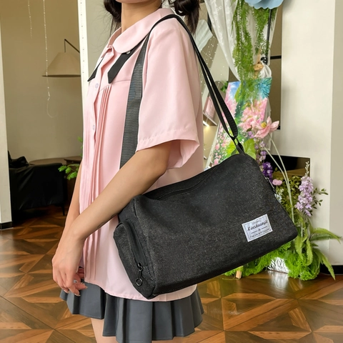 Japanische Minimalistische Canvas-Umhängetasche Große Kapazität Schwarz Blau Verstellbarer Breiter Gurt Reisetasche