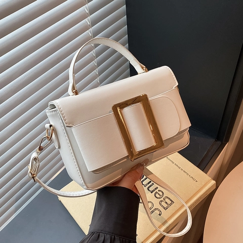 Piccola Borsa A Tracolla Quadrata Retro Pelle PU Opaca Grande Fibbia Dorata Borsa A Mano Spalla Donna Minimalista