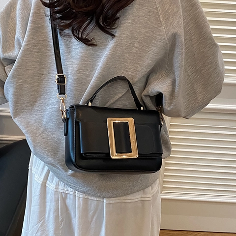 Piccola Borsa A Tracolla Quadrata Retro Pelle PU Opaca Grande Fibbia Dorata Borsa A Mano Spalla Donna Minimalista