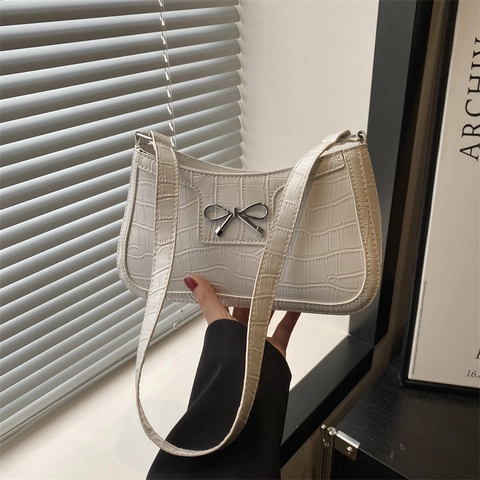 Dames Onderarm Schoudertas PU Leer Krokodil Patroon Metalen Strik Decor Frans Retro Chic Ritssluiting Woon-Werk Handtas