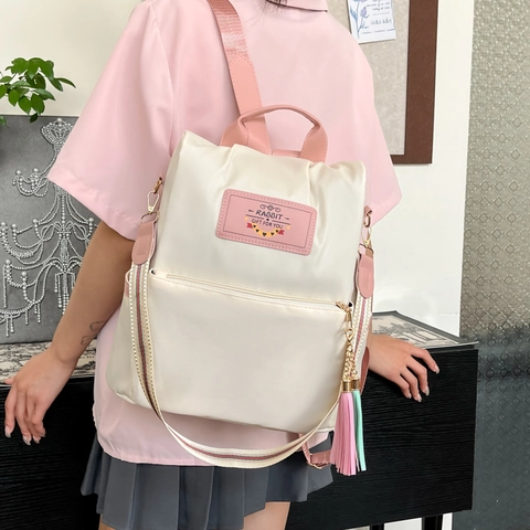 Women Fashion Backpack Waterproof Nylon School Bag Large Capacity With Tassel Contrast Color Striped Straps Casual Travel Daypack
