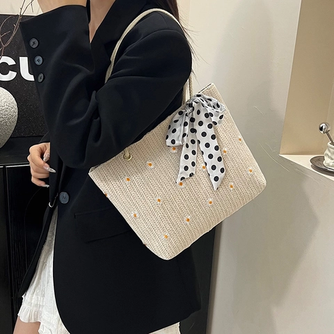 Damen Sommer Stroh-Tote-Bag Gänseblümchen-Stickerei Große Kapazität Schultertasche Mit Polka-Dot-Schleife Mode Strand Handtasche