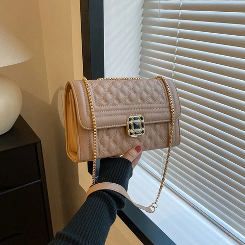 Damen Gesteppte Rautenmuster Umhängetasche PU Leder Quadratische Schultertasche Mit Kettenriemen Juwelenverschluss Elegante Tasche