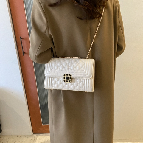 Damen Gesteppte Rautenmuster Umhängetasche PU Leder Quadratische Schultertasche Mit Kettenriemen Juwelenverschluss Elegante Tasche