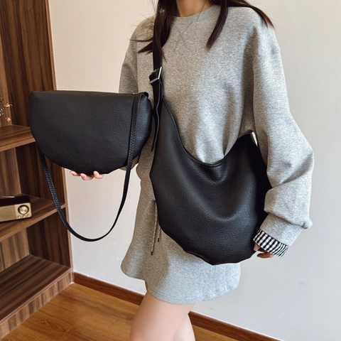 Sac Hobo pour Femmes en Cuir PU Motif Lychee Grande Capacité Sac à Épaule Bandoulière Sac Seau Minimaliste pour Trajet