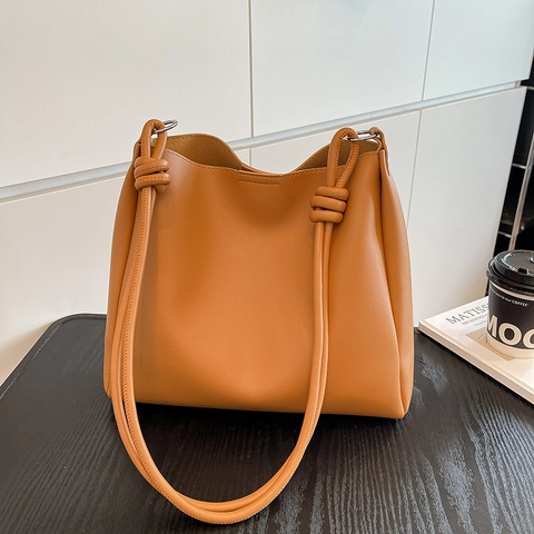 Women PU Leather Bucket Bag Crossbody Shoulder Tote With Knot Strap Large Capacity Minimalist Solid Color Versatile