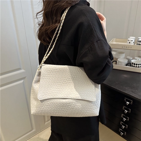 Elegante Borsa a Tracolla con Patta in Tessuto Intrecciato Pelle Sintetica Donna con Catena Metallica Versatile Borsa da Lavoro