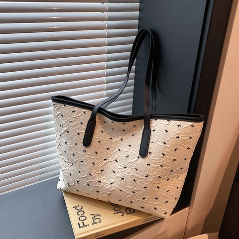 Borsa Tote da Donna alla Moda Grande Capacità Stampa Fiocco Texture Increspata Tessuto Composito Borsa a Spalla Dolce Casual da Pendolare
