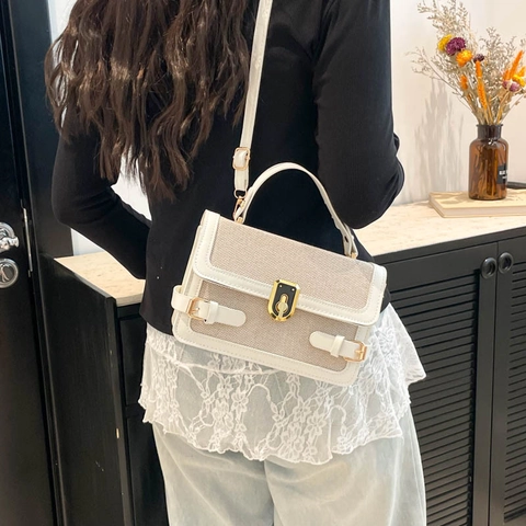 Bolso Cuadrado Pequeño con Bloques de Color de Diseño de Nicho para Mujer Primavera Bolso de Mano Bandolera Retro Patrón de Cocodrilo Lona Bolso de Hombro