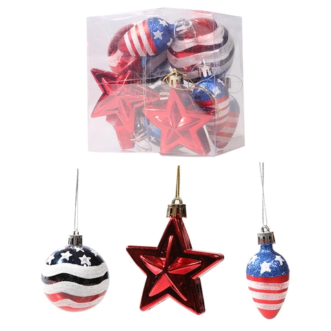 USA Flag Theme Christmas Tree Hanging Balls Red White Blue Star Striped Glitter Plastic Baubles Holiday Party Home Decor