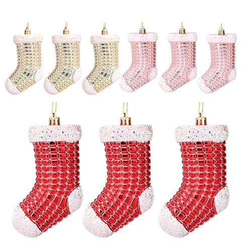 Christmas Stocking Hanging Ornaments Plastic Electroplated Grid Pattern Glitter Holiday Tree Decorations Metallic Finish