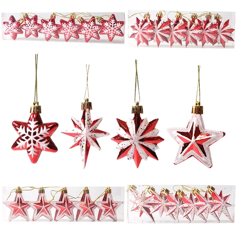 Red White Christmas Star Ornaments For Christmas Tree Decorations Plastic Glitter Painted Snowflake Star Hanging Pendants