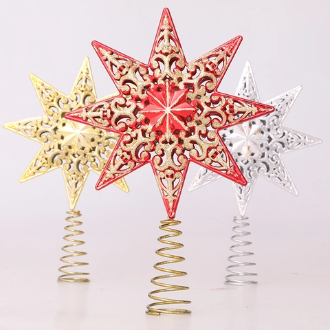 Punta de Árbol de Navidad Estrella Octogonal Plástico Calado Brillantina Adorno Para Copa De Árbol Con Base De Resorte