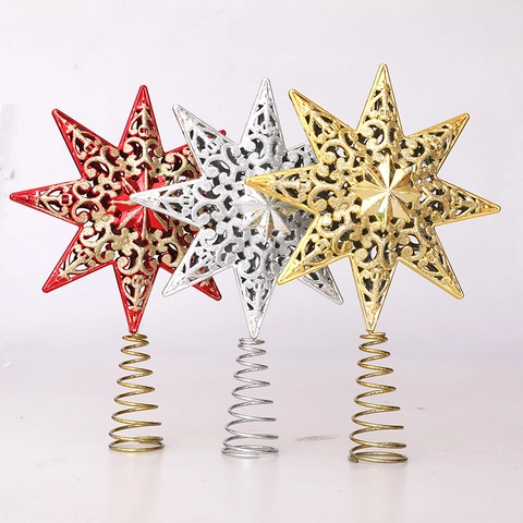 Punta de Árbol de Navidad Estrella Octogonal Plástico Calado Brillantina Adorno Para Copa De Árbol Con Base De Resorte