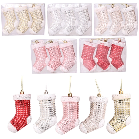 Christmas Stocking Hanging Ornaments Plastic Electroplated Grid Pattern Glitter Holiday Tree Decorations Metallic Finish