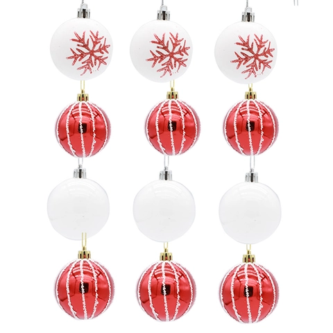 Palle di Natale in Plastica Dipinte Rosso e Bianco Fiocchi di Neve a Strisce Decorative Appendere Palline per Vacanze Festa Casa Arredamento Ornamenti Albero Natale