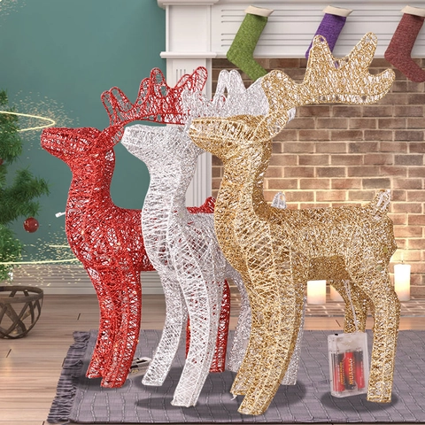 LED Christmas Reindeer Decoration Light Up Iron Wire Glitter Deer Figurine For Holiday Home Party Decor
