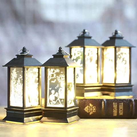 Vintage Halloween LED Lantaarn Met Pompoen Skelet Heks Patronen Draagbare Retro Hangende Decoratieve Lamp Voor Feest Thuis