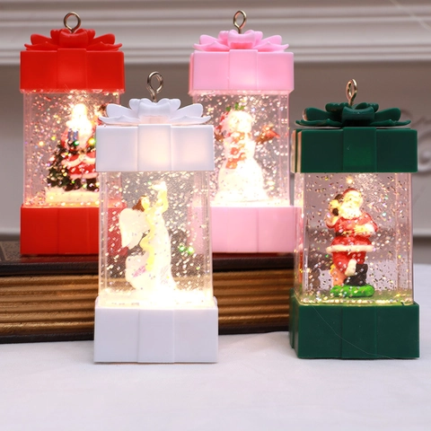Christmas Snow Globe Lantern Night Light LED Glitter Liquid Santa Claus Snowman Angel Gift Box Shape Xmas Hanging Ornament