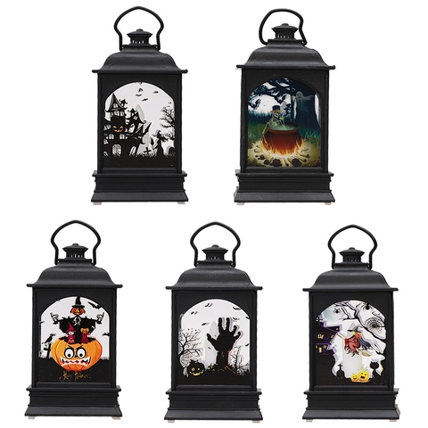 Halloween LED Lantern Retro Style Decorative Lamp With Pumpkin Witch Ghost Castle Pattern For Home Party Festive Decoration