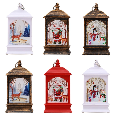 Kerst LED Decoratieve Windlantaarn Retro Handheld Nachtlampje Kerstman Sneeuwpop Hert Gedrukt Hangend Ornament Voor Thuisfeest Decoratie