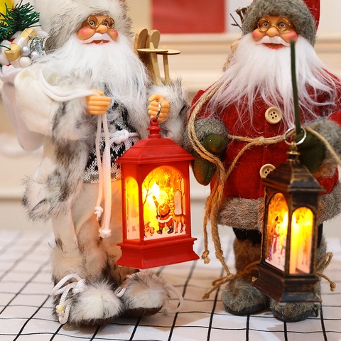 Kerst LED Decoratieve Windlantaarn Retro Handheld Nachtlampje Kerstman Sneeuwpop Hert Gedrukt Hangend Ornament Voor Thuisfeest Decoratie