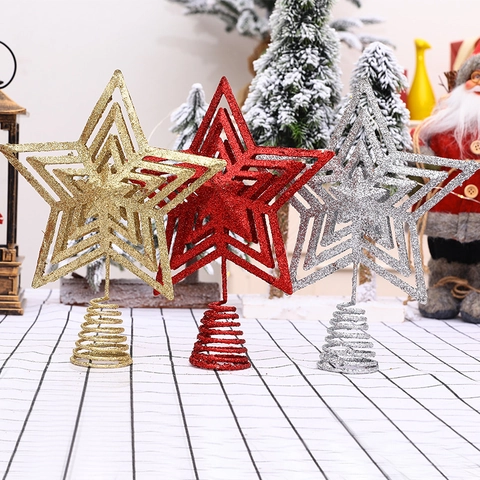 Cime Sapin Noël Étoile Fer Paillettes Creux Multi Couches Étoile Cinq Branches Avec Base Spirale Décor Noël