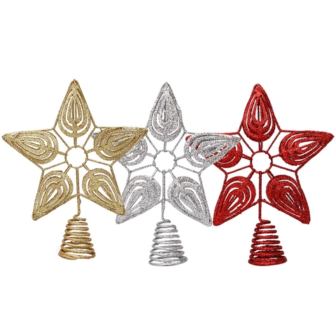 Hollow Iron Art Christmas Tree Topper Star Glitter Five-Pointed Star Ornament With Spiral Base For Festive Home Decoration