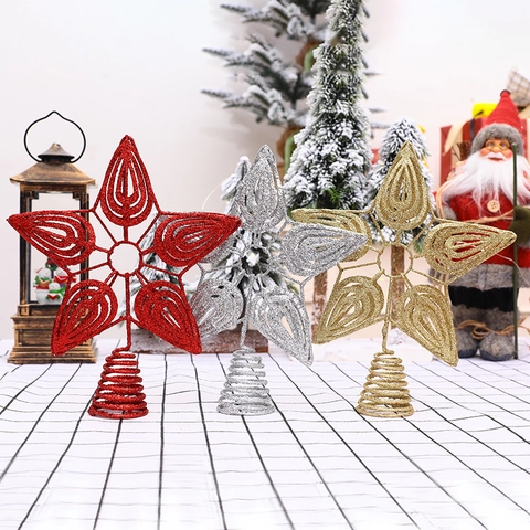 Hollow Iron Art Christmas Tree Topper Star Glitter Five-Pointed Star Ornament With Spiral Base For Festive Home Decoration