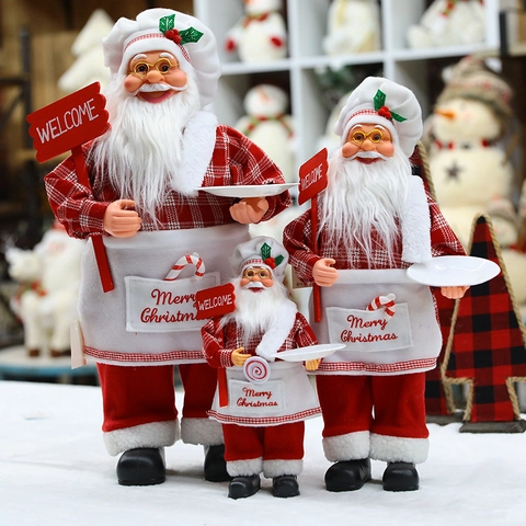 Christmas Santa Claus Chef Figurine Plastic Cloth With Welcome Sign And Tray Red Plaid For Restaurant Window Decoration