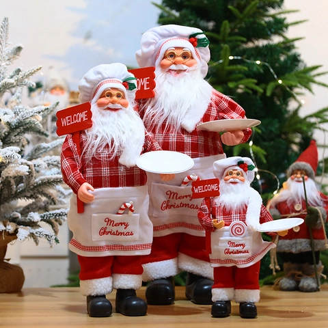 Christmas Santa Claus Chef Figurine Plastic Cloth With Welcome Sign And Tray Red Plaid For Restaurant Window Decoration