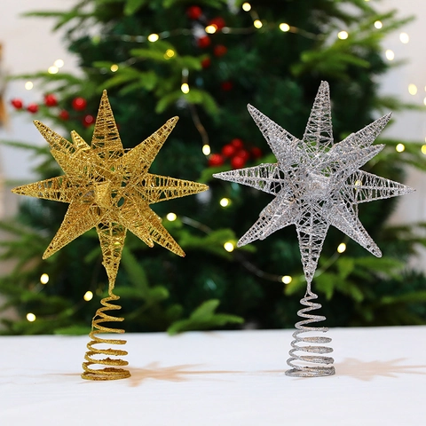 Glitter Kerstboomtopper Ster 17-Punts Multi-Hoek Ster IJzerdraad Hol Ornament Goud Zilver Feestelijke Huis Raam Decoratie