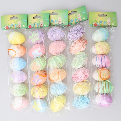 Colorful Foam Easter Eggs Hanging Ornaments With String Glitter Texture Artificial Eggs For Home Party DIY Festive Decoration