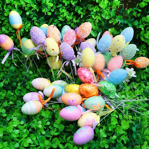 Easter Decorative Egg Picks Multicolor Foam Artificial Eggs With Ribbons Glitter Patterned Stakes For Spring Garden Party Home Ornament