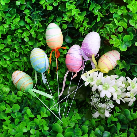 Easter Decorative Egg Picks Multicolor Foam Artificial Eggs With Ribbons Glitter Patterned Stakes For Spring Garden Party Home Ornament