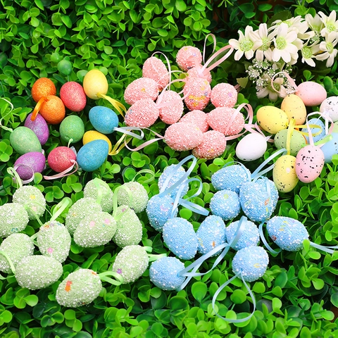 Foam Easter Eggs Hanging Ornaments With Lanyard Glitter Spotted Simulation Eggs For Holiday Party Home DIY Decoration Supplies