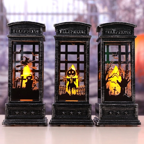 Halloween Lantaarn LED Kaars Vintage Telefooncel Vorm Kunststof Heks Pompoen Silhouet Tafeldecoratie Mysterie