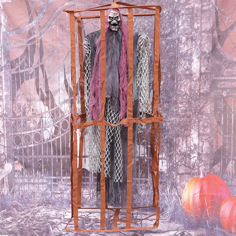 Halloween Hanging Caged Ghost Decoration Horror Animated Skeleton With Sound Activated Glowing Eyes For Haunted House Party Prop