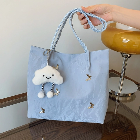 Women's Pleated Tote Bag With Metal Butterfly Charm Cute Cloud Keychain PU Leather Large Capacity Crossbody Bag For School