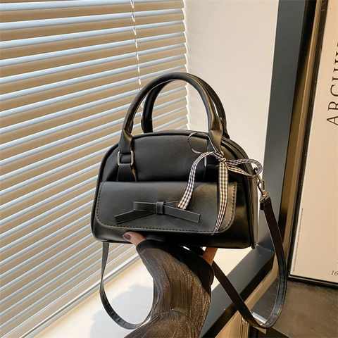 Bolso Boston con Lazo para Mujer Cuero PU Bolso de Mano Simple Casual Cinta de Cuadros Bandoulière