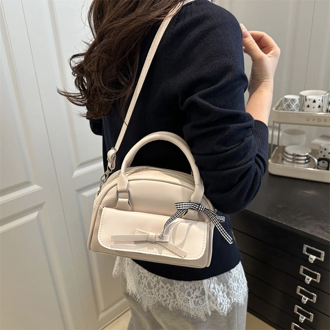 Korean Style Women PU Leather Boston Bag Large Capacity Bow Decor Shoulder Bag Fashion Solid Color Handbag Crossbody Bag