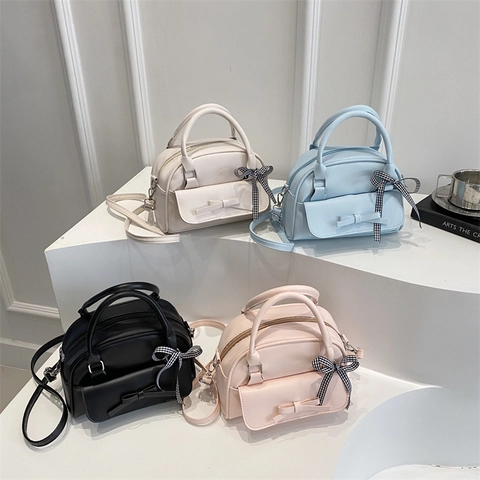Damen Süß PU Leder Kleine Quadratische Tasche Trendy Schleifen Dekor Schulter Crossbody Handtasche Mit Karo Band Zubehör