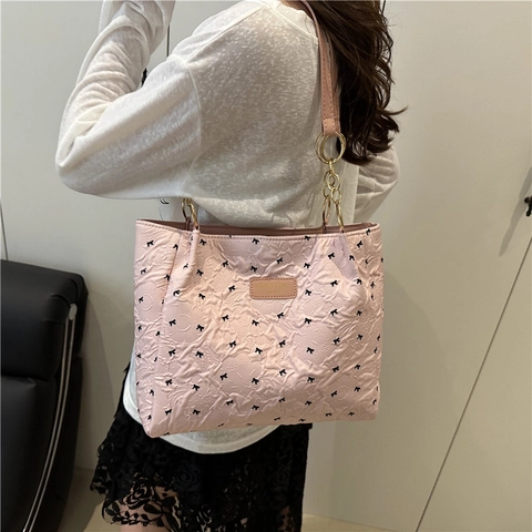 Bolso Tote Para Mujer Con Lazos Cuero PU Textura Acolchada Con Cadena Dorada Gran Capacidad Para Trabajo Escuela Informal Moda