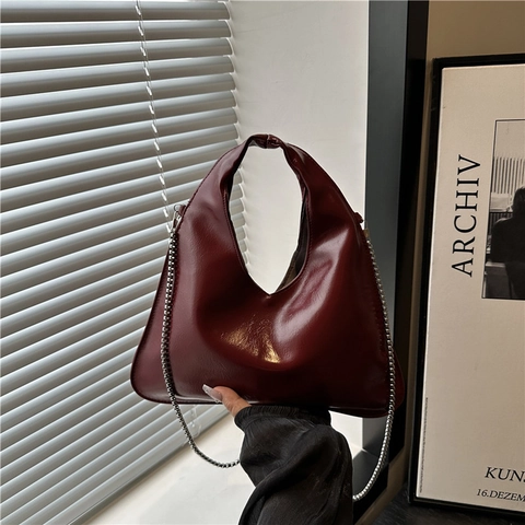 Borsa A Tracolla Triangolare Donna Pelle Verniciata Nodo Catena Argento Borsa A Mano Minimalista