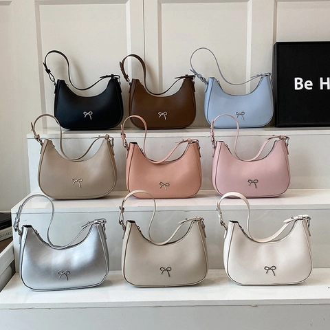 Women Fashion PU Leather Hobo Bag With Metallic Bow Decoration Adjustable Strap Solid Color Crescent Underarm Purse