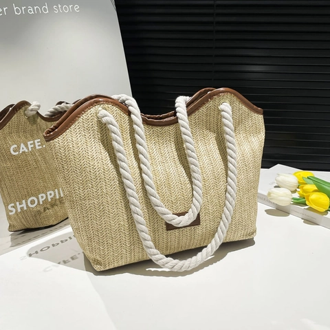 Dames Grote Capaciteit Geweven Stro Tote Tas Zomer Strand Vakantie Casual Schoudertas Met Katoenen Touwhandvat PU Trim