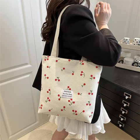 Damen Cord Handtasche Lässige Tote Bag Mit Kirschmuster Große Kapazität Schultertasche Koreanischer Stil