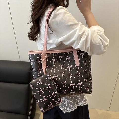 Damen Süße Schleife Herz Druck PU Leder Tragetasche Und Passende Kleine Tasche Große Kapazität Schultertasche Für Den Alltag